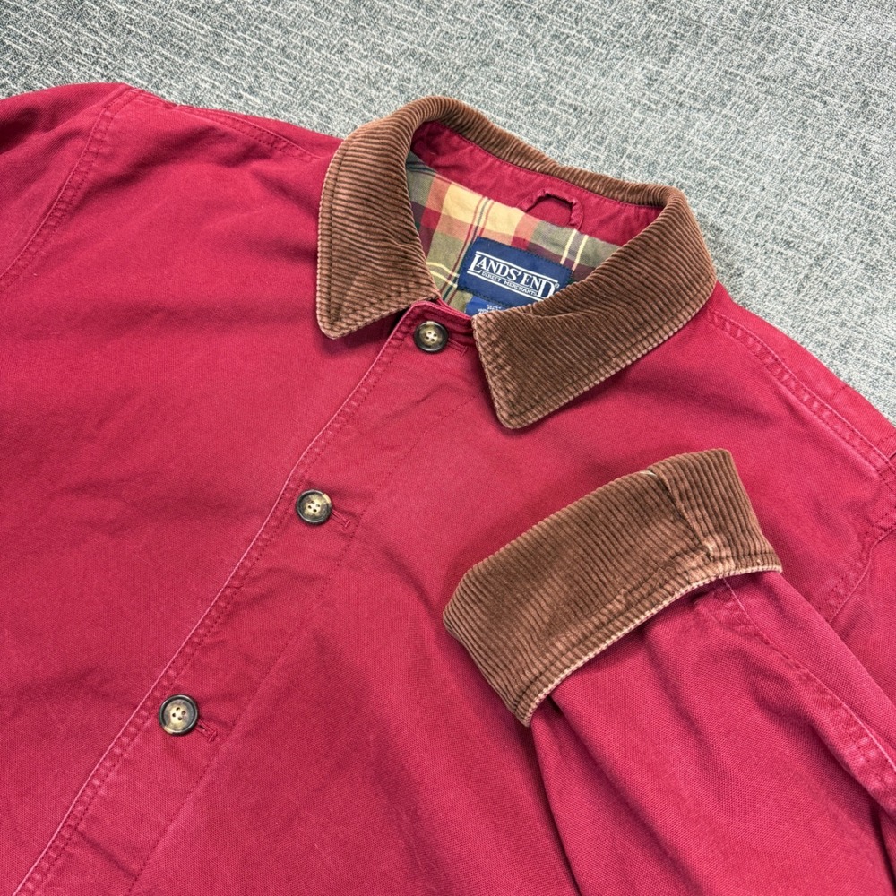 Vtg Lands End Barn Jacket Mens XLT Red Chore Canvas Plaid Lined Field Coat